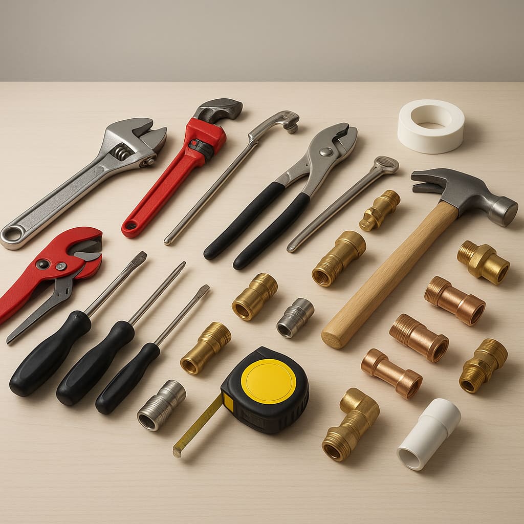 Geordnete Sanitärwerkzeuge und Fittings auf einer Werkbank